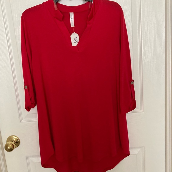 Honeyme Tops - Red 3/4 Sleeve Tunic with Mandarin Collar.